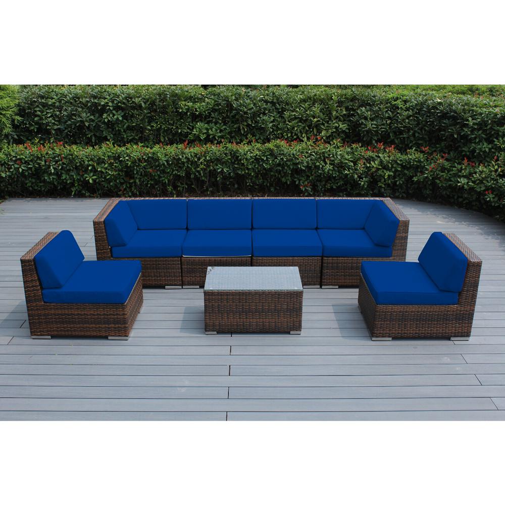 Ohana Depot Mixed Brown 7 Piece Wicker Patio Seating Set With Sunbrella Pacific Blue Cushions Ohana Depot Mixed Brown 7 Piece Wicker Patio Seating Set With Sunbrella Pacific Blue Cushions