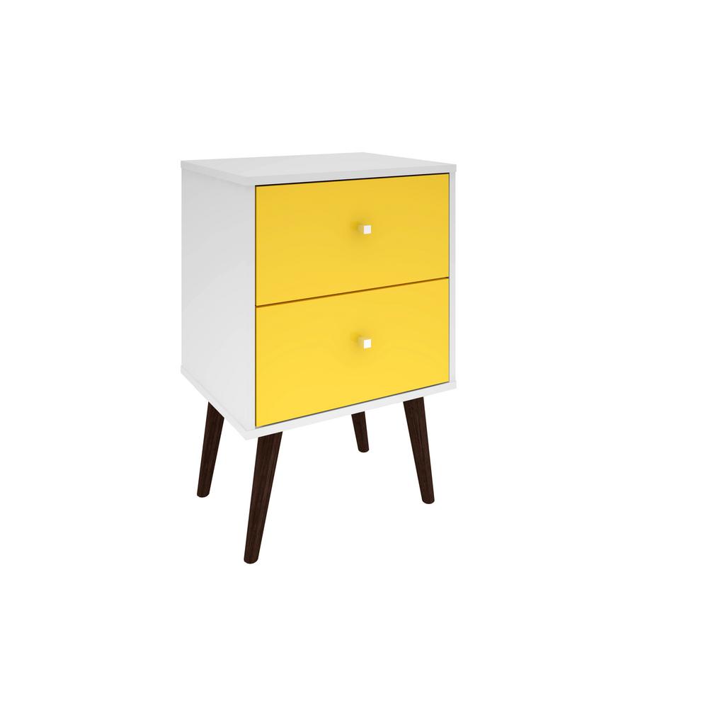 Manhattan Comfort Liberty Mid Century White And Yellow Modern Nightstand 2 0 With 2 Full Extension Drawers With Solid Wood Legs 204amc63 The Home Depot