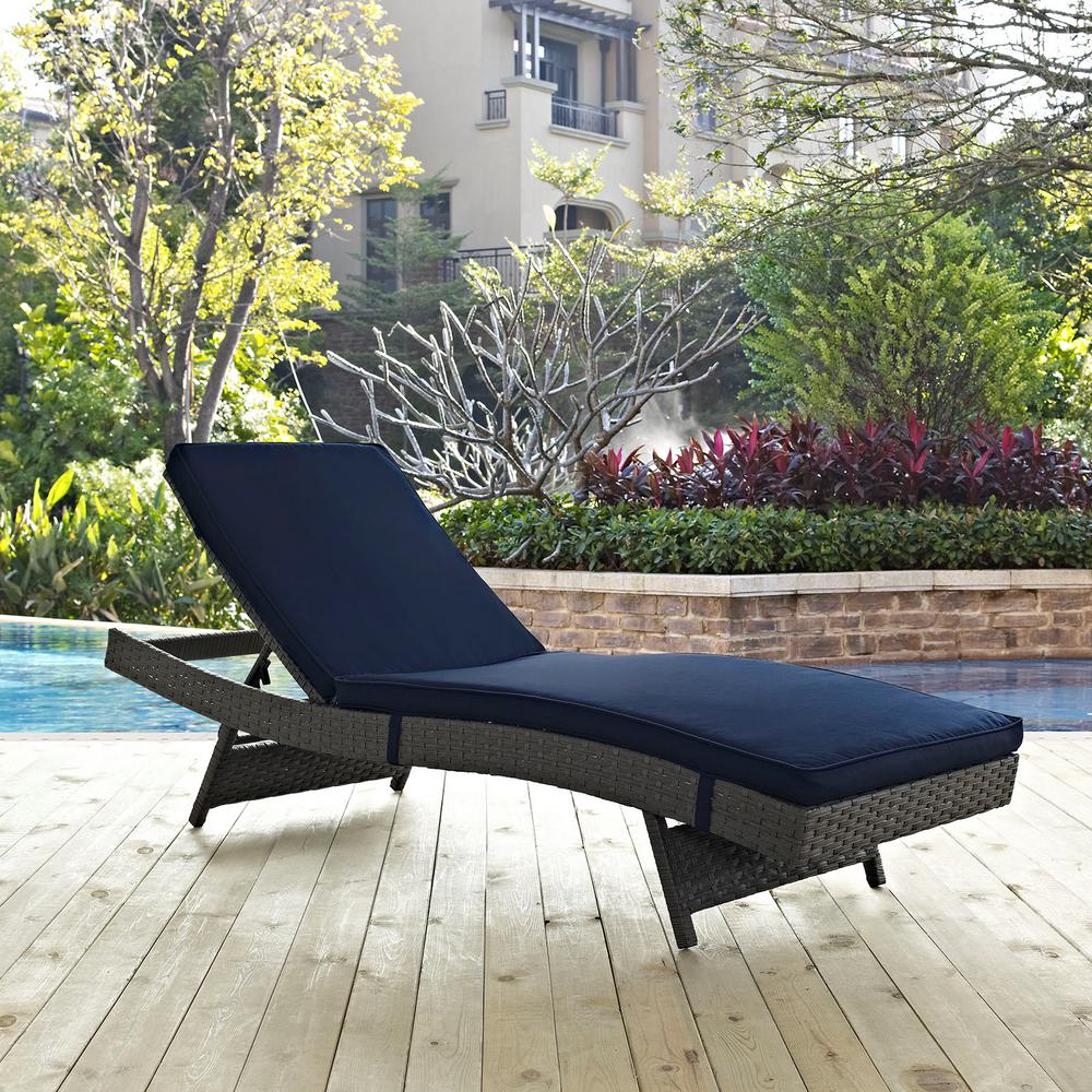 MODWAY Sojourn Wicker Outdoor Patio Chaise Lounge with Sunbrella Canvas Navy Cushions