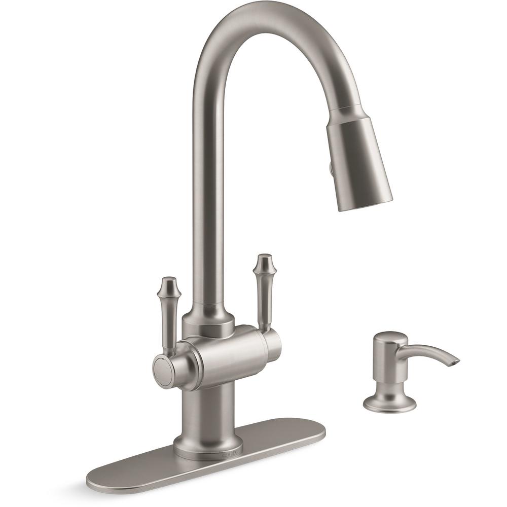 KOHLER Capilano 2Handle Bridge Farmhouse PullDown Kitchen Faucet with Soap Dispenser and Sweep