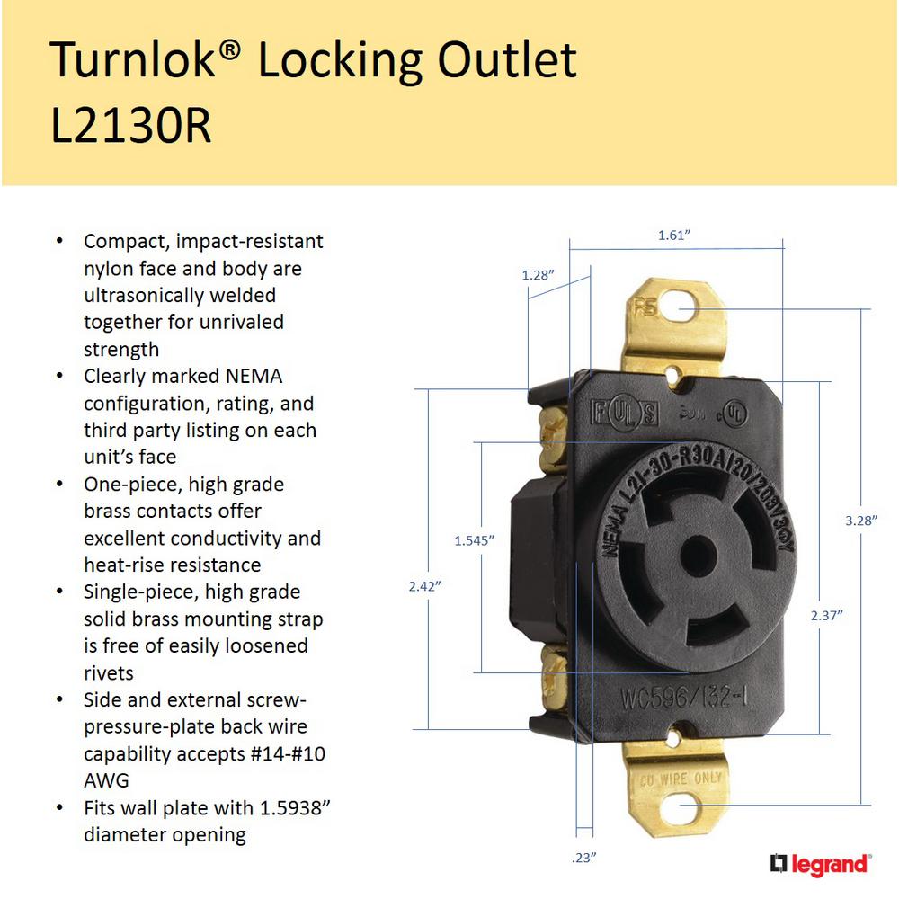 P/&S 30 Amp 30Y,120//208v 4W Flush Mount Locking Receptacle, NEMA L21-30R 3P