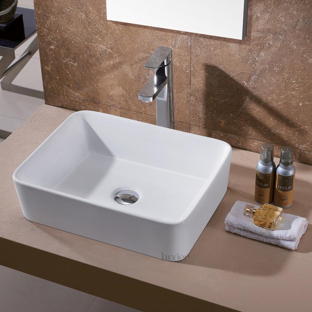 LUXIER Rectangular Bathroom Ceramic Vessel Sink Art Basin in White eX