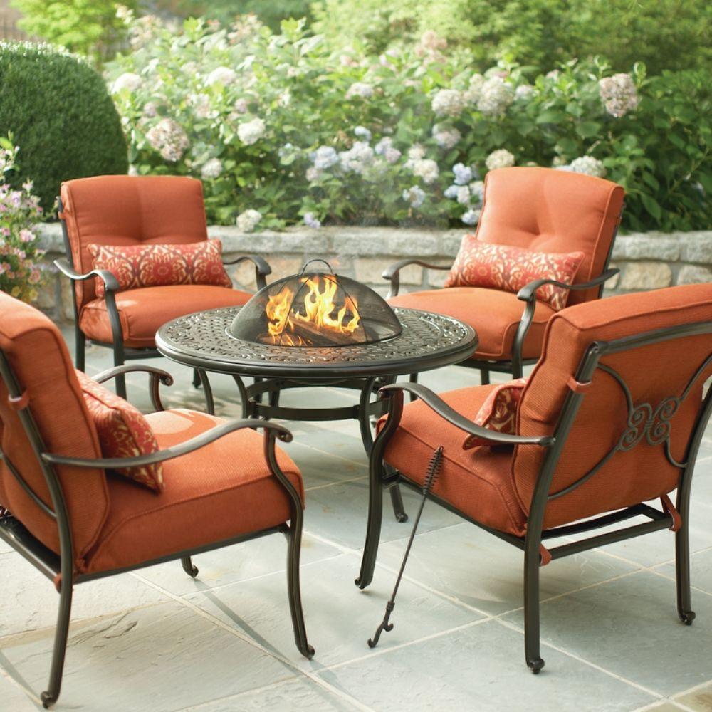 Martha Stewart Living Cold Spring 5 Piece Patio Fire Pit Set With Red Cushions