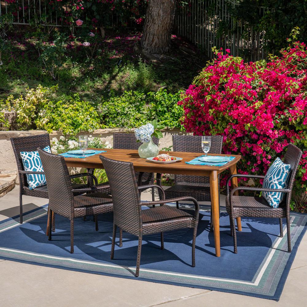 Noble House Alec 7 Piece Wood And Wicker Outdoor Dining Set With Stacking Chairs 41632 The Home Depot