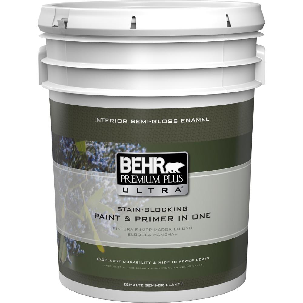 Behr Premium Plus 5 Gal Ultra Pure White Semi Gloss Enamel Low Odor Ultra Pure White Semi Gloss Enamel Interior Paint And Primer In One