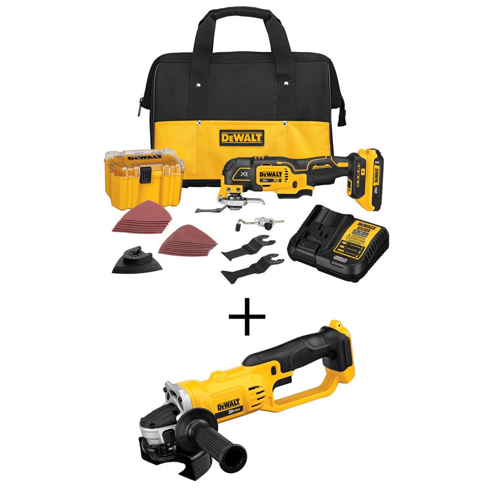 DEWALT 20V MAX XR Cordless Brushless 3-Speed Oscillating Multi Tool, 20V MAX Cordless Grinder, and (1) 20V 2.0Ah Battery