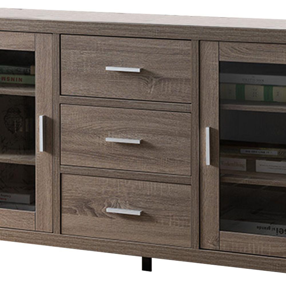Benjara Brown Wooden Tv Stand With 3 Drawers And Side Door Glass
