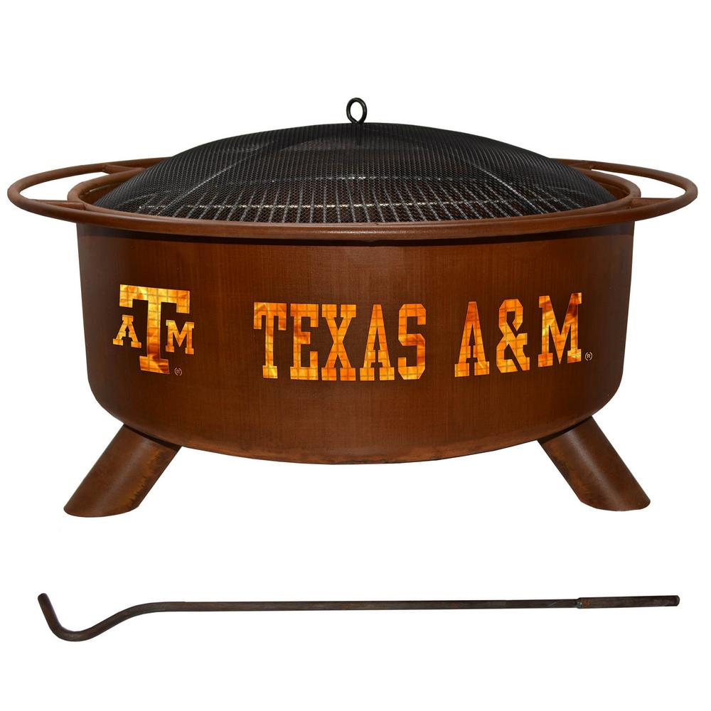 Texas 29 In X 18 In Round Steel Wood Burning Fire Pit In Rust With Grill Poker Spark Screen And Cover F232 The Home Depot