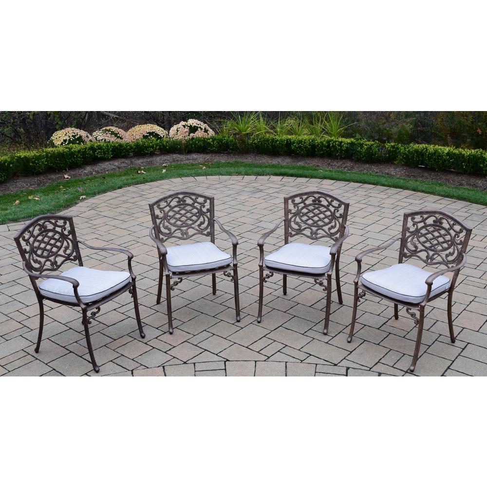 Standard Dining Height Cast Aluminum White Patio Chairs Mississippi Aluminum Outdoor Dining Chair With Oatmeal Cushion 4 Pack