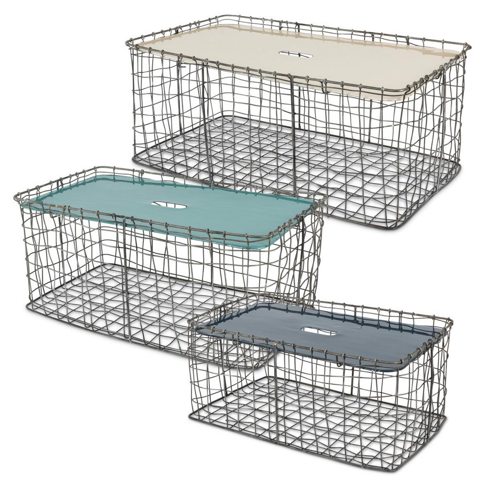 Gerson Rectangular Chicken Wire Baskets With Enameled Lid Set Of