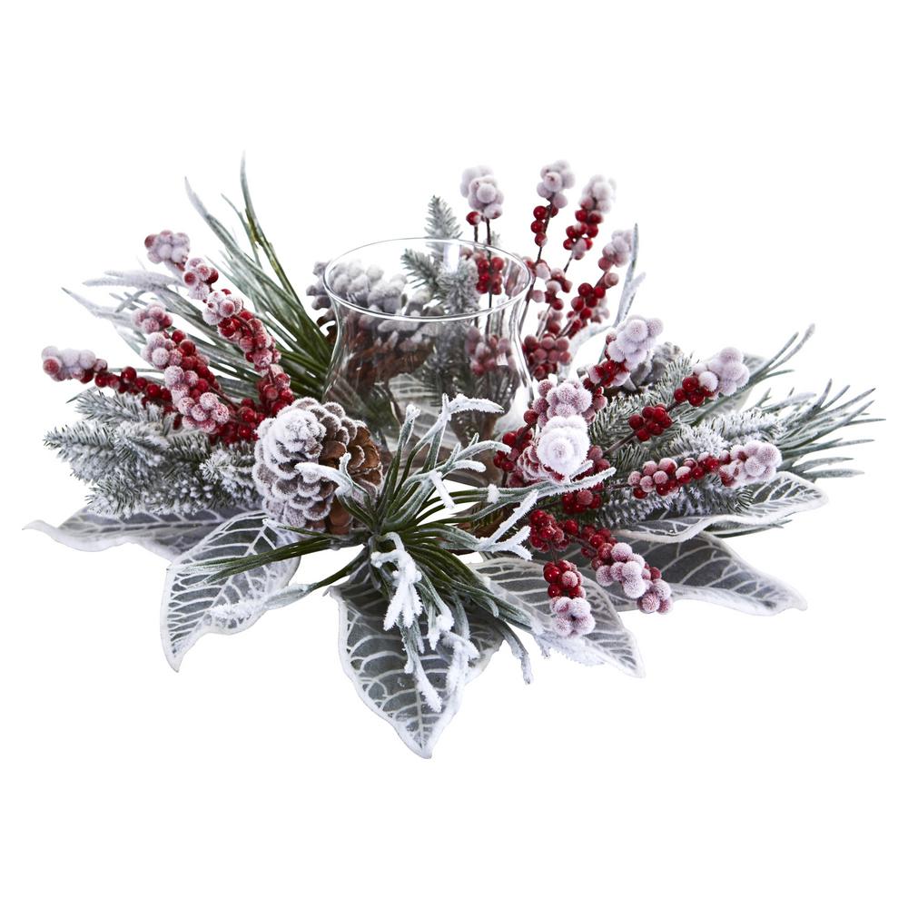 Nearly Natural Frosted Magnolia & Berry Artificial Candelabrum Arrangement - Winter-Themed Faux Flowers With Pine & Snow