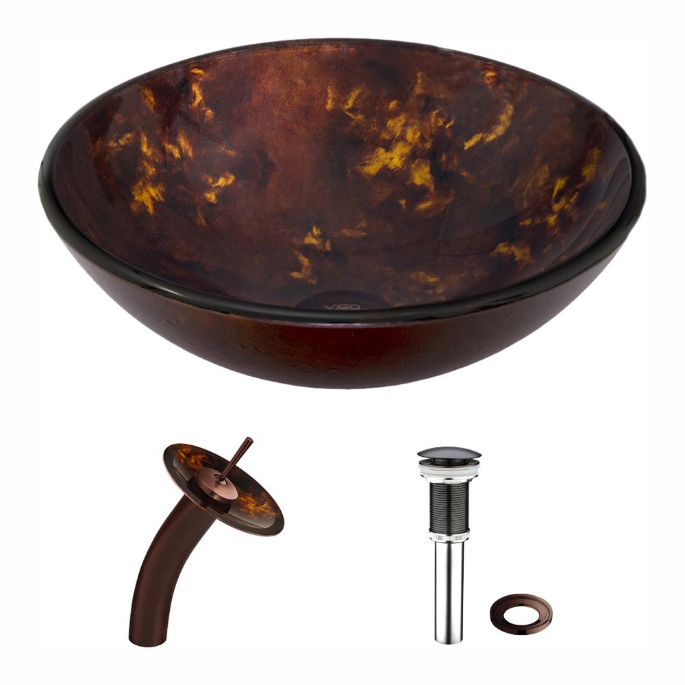 VIGO Glass Vessel Sink in Brown and Gold Fusion with Waterfall Faucet ...