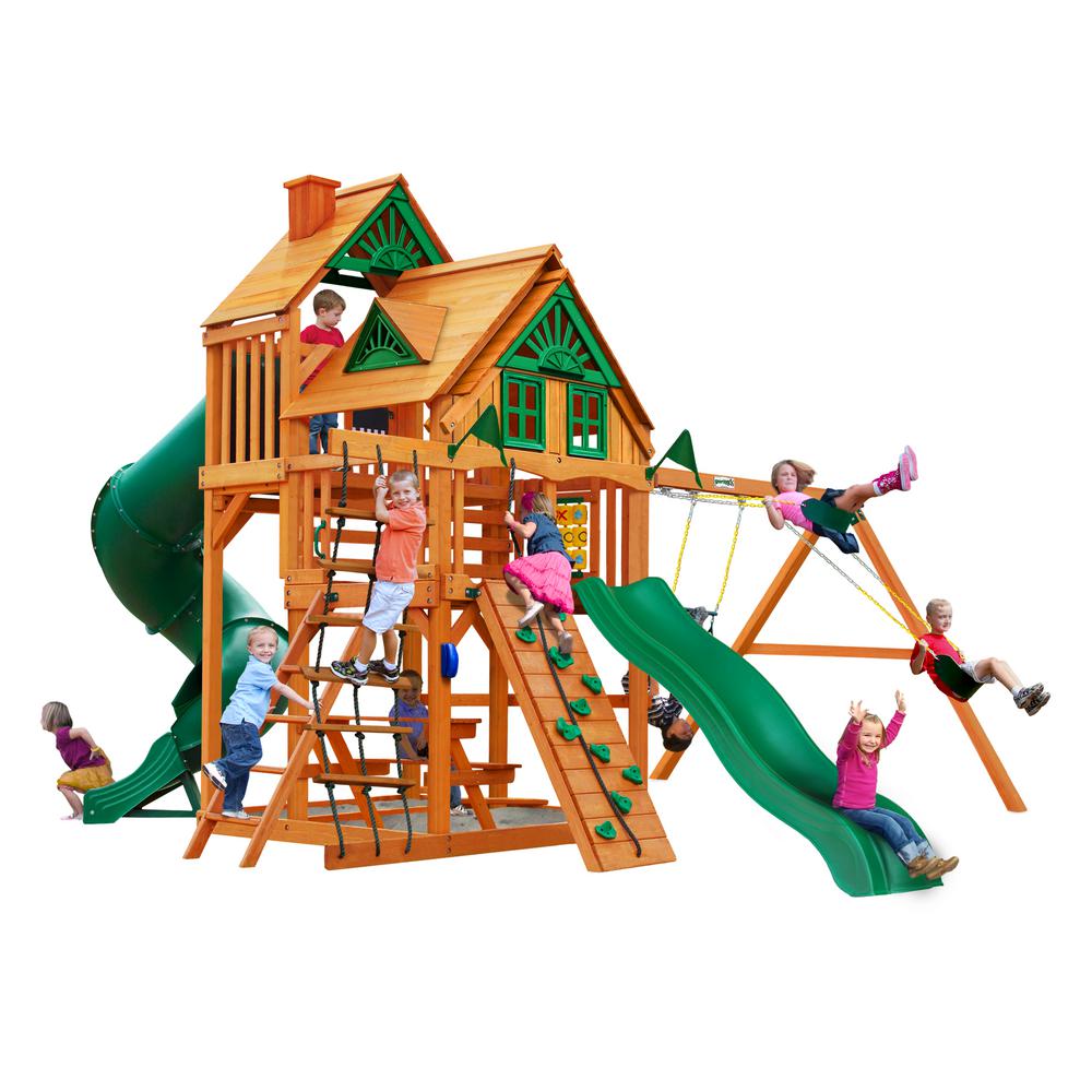 Gorilla Playsets Pioneer Peak Treehouse Wooden Swing Set With Fort Add On And Clatter Bridge 01 0070 Ap The Home Depot