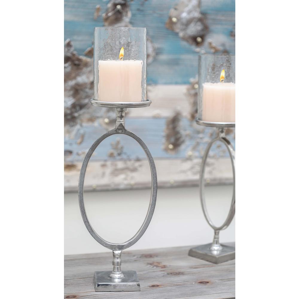 25 in. x 8 in. Frosted Hurricane Glass Candle Holder with Aluminum Ring