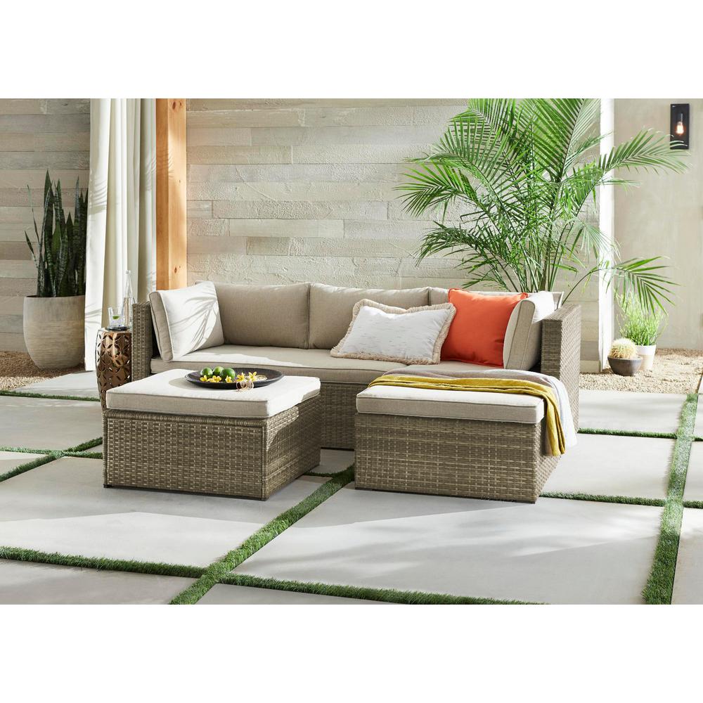 Hampton Bay Valley Peak 3-Piece All-Weather Gray Wicker Sectional Outdoor Patio Set with Beige Cushions