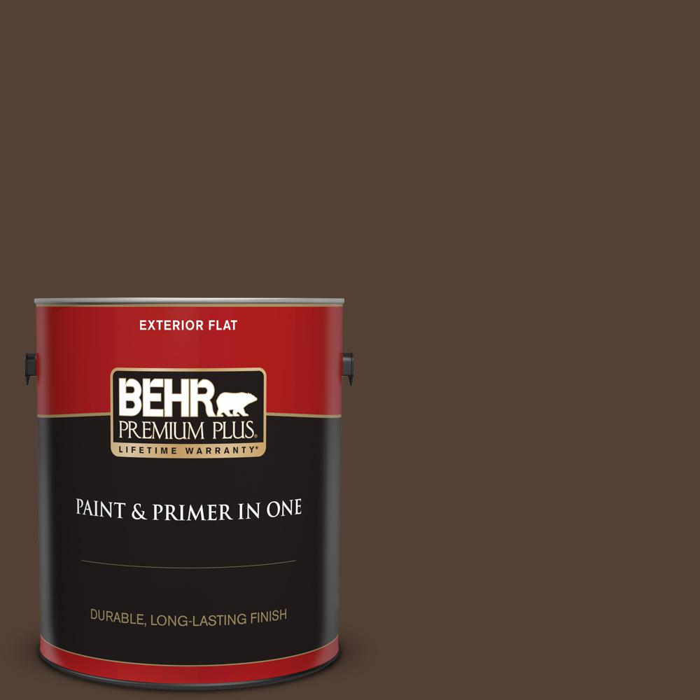 BEHR Premium Plus 1 gal. PPF51 Dark Walnut Flat Flat Exterior Paint and Primer in One430001