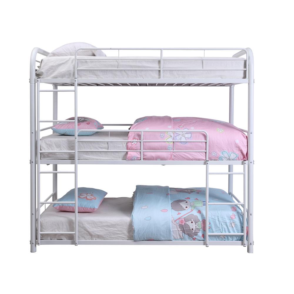 white triple bunk bed with storage