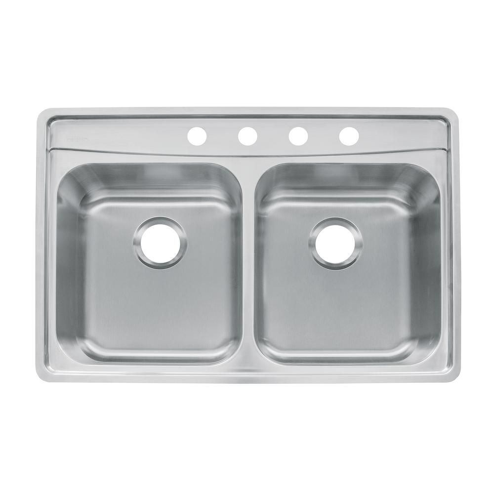Franke Evolution Drop In Stainless Steel 33 5 In 4 Hole 50 50 Double Bowl Kitchen Sink With Fast In Installation System