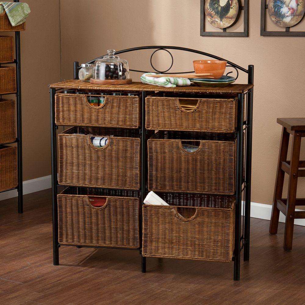 Southern Enterprises Jerome 6-Drawer Iron and Wicker Storage Cabinet in