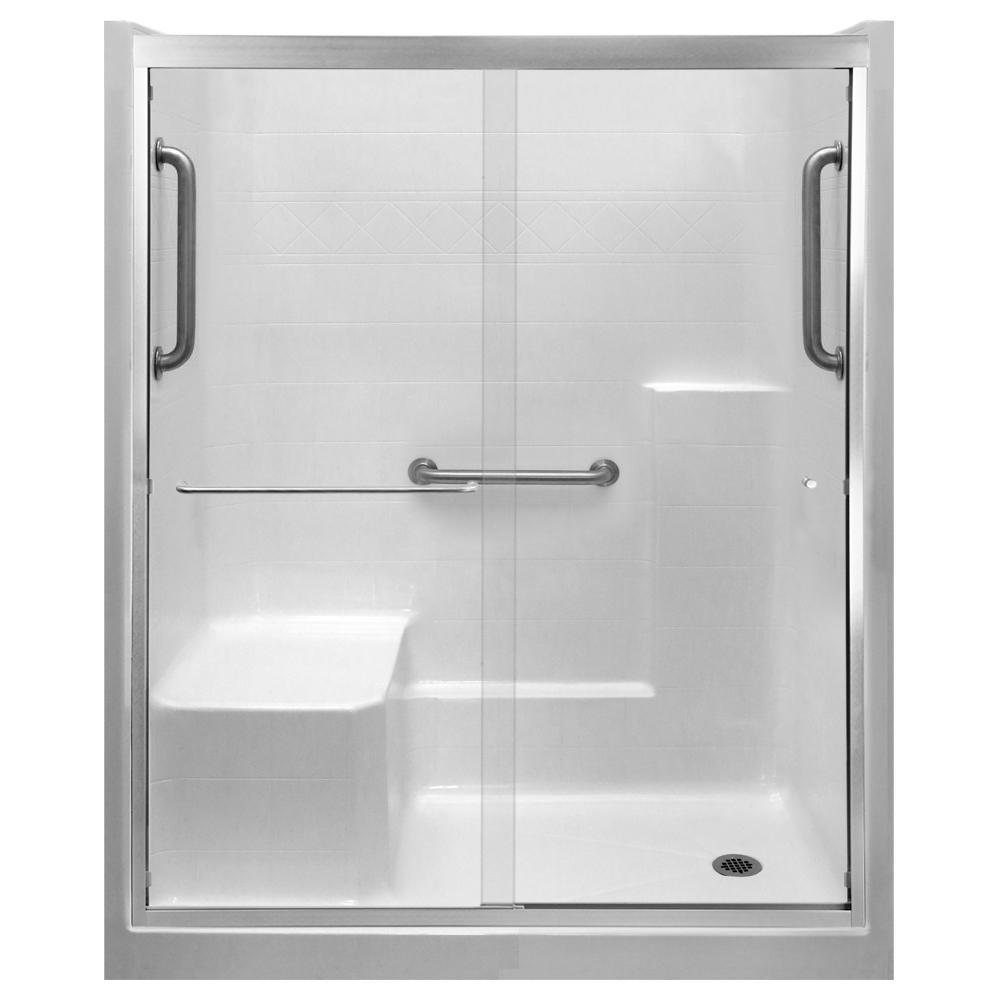 Ella 60 In X 33 In X 77 In Right Drain Alcove 1 Piece Shower Stall In White Lhs Seat Grab Bars Nickel Sliding Door 6032shlwhpkg1sn Bath All The Ellas Bubbles Accessible Shower Stalls Are