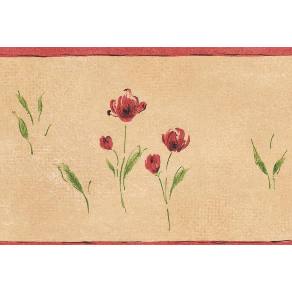 Norwall Red Meadow Flowers Beige Vintage Floral Prepasted Wallpaper ...