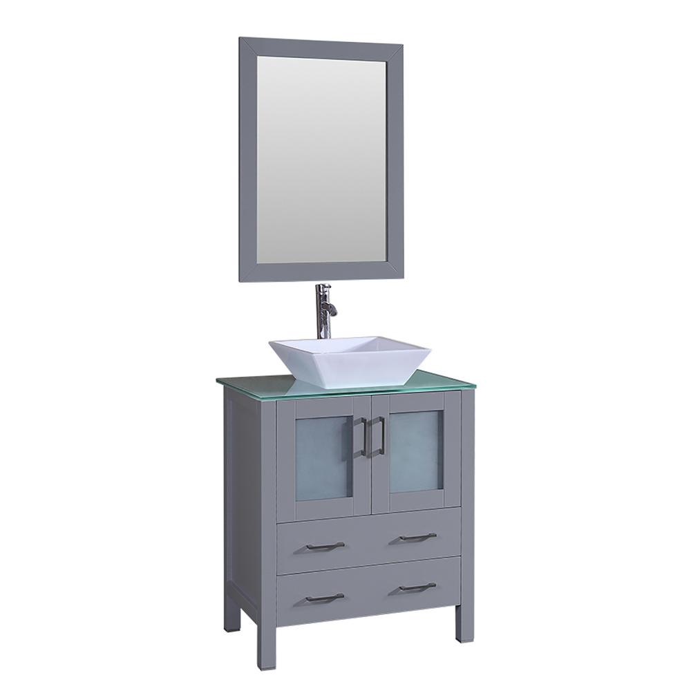 30 in. W Single Bath Vanity with Tempered Glass Vanity Top in Black with White Basin, Polished