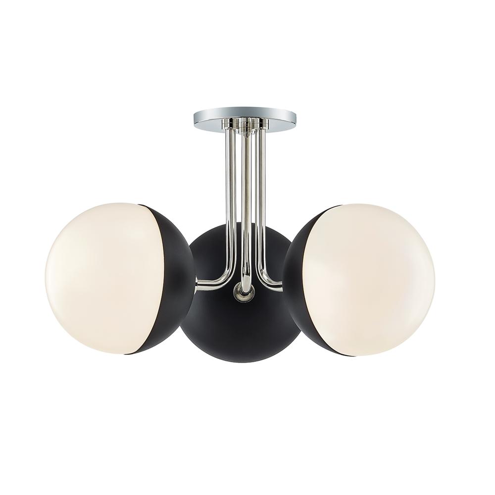 HUDSON VALLEY LIGHTING Renee 11 in. 3-Light Polished Nickel/Black Semi-Flush Mount with Opal Glossy Shade was $364.5 now $243.0 (33.0% off)