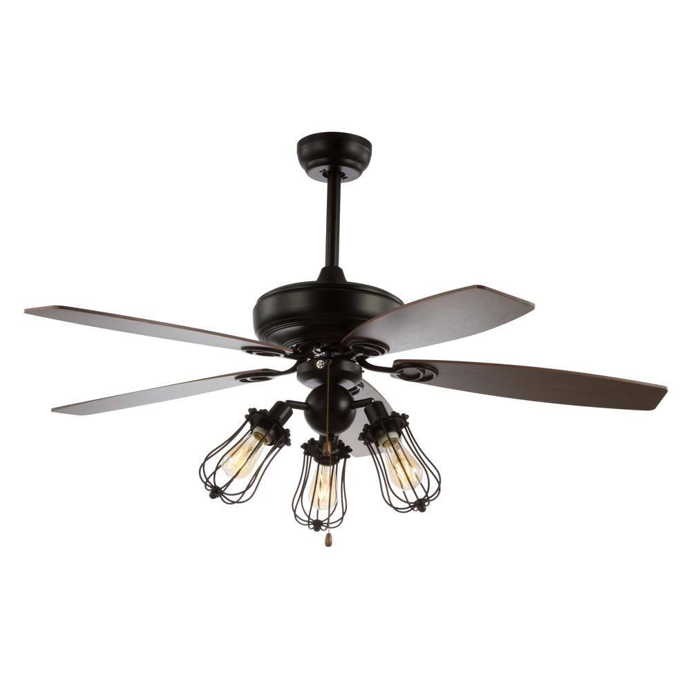 Jonathan Y Lucas 52 In Black Caged 3 Light Metal Wood Led Ceiling Fan With Light