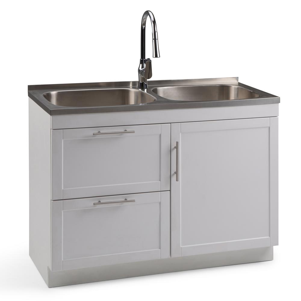 Simpli Home Seiger 46 in. x 20 in. x 35 in. Dual Stainless Steel Stainless Steel Laundry Sink And Cabinet