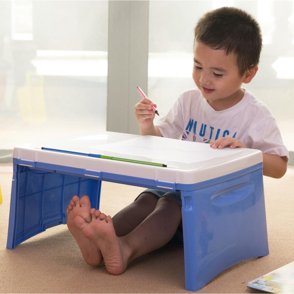 Basicwise Blue And White Kids Portable Fold Able Plastic Lap Tray