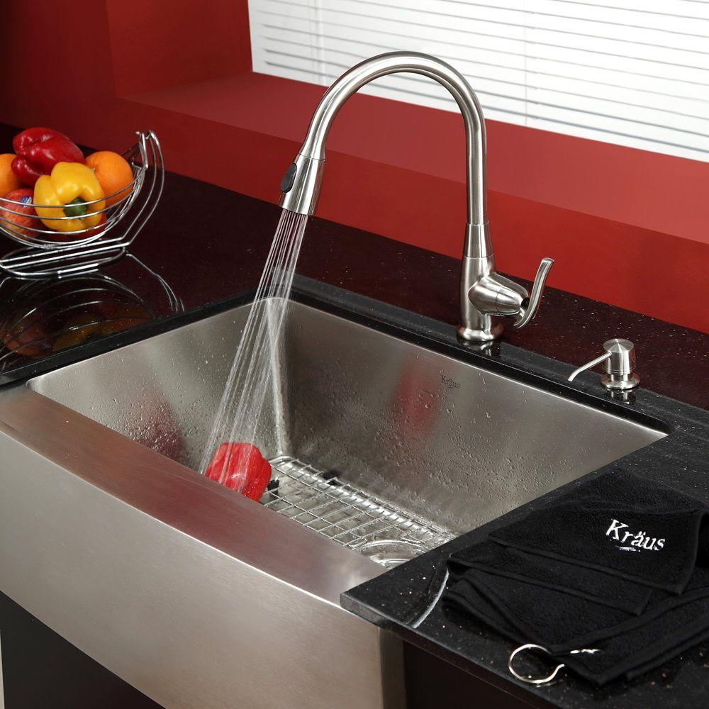 Kraus Single Handle Stainless Steel High Arc Pull Down Sprayer Kitchen Faucet With Soap Dispenser In Satin Nickel Kpf 2230 Ksd 30sn The Home Depot