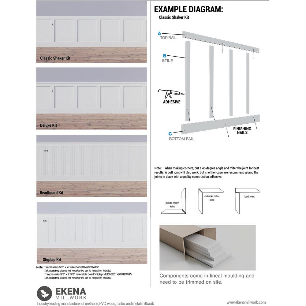 Ekena Millwork 5 8 In X 96 In X 104 In Expanded Cellular Pvc Deluxe Shaker Wainscoting Moulding Kit For Heights Up To 104 H Wpkp104x06ds The Home Depot