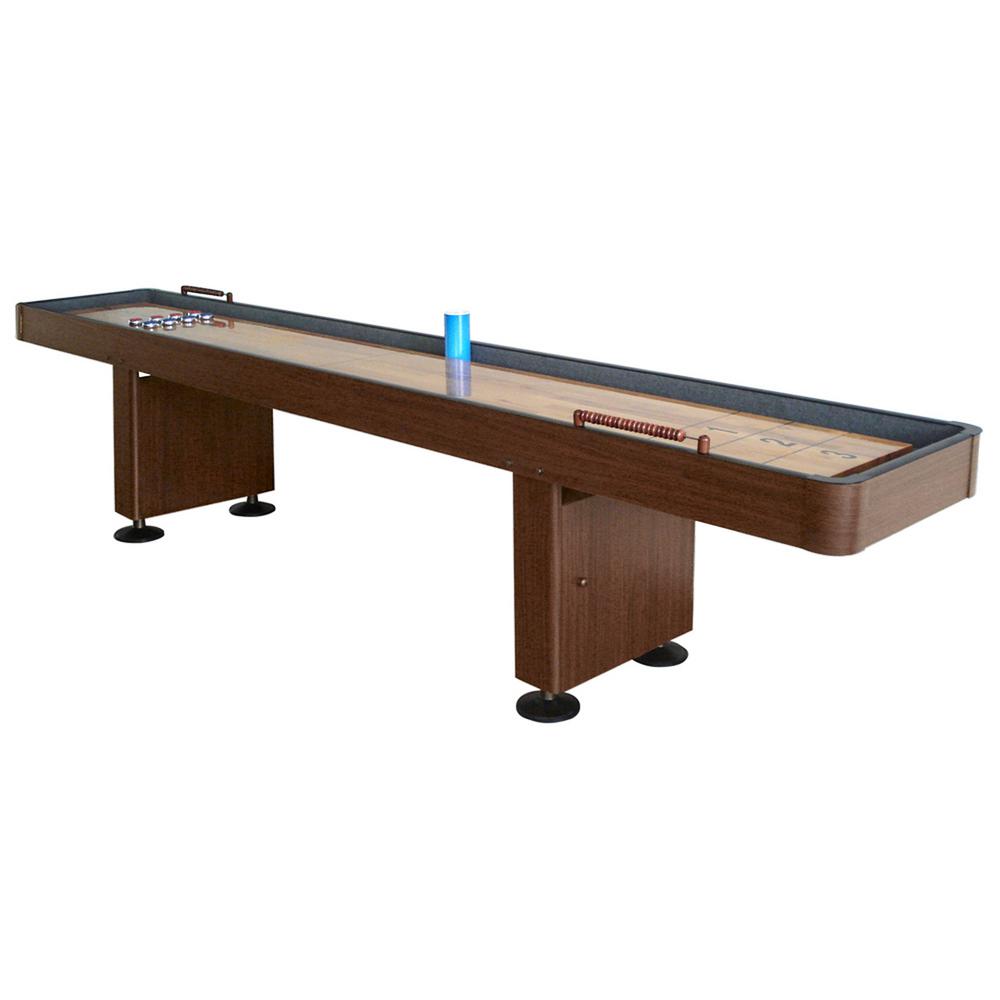 Challenger 9 Ft Shuffleboard Table With Walnut Finish Hardwood Playfield And Storage Cabinets