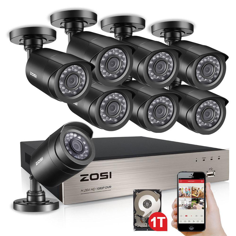 ZOSI 8-Channel 1080p 1TB DVR Surveillance System with 8-Wired Bullet Cameras