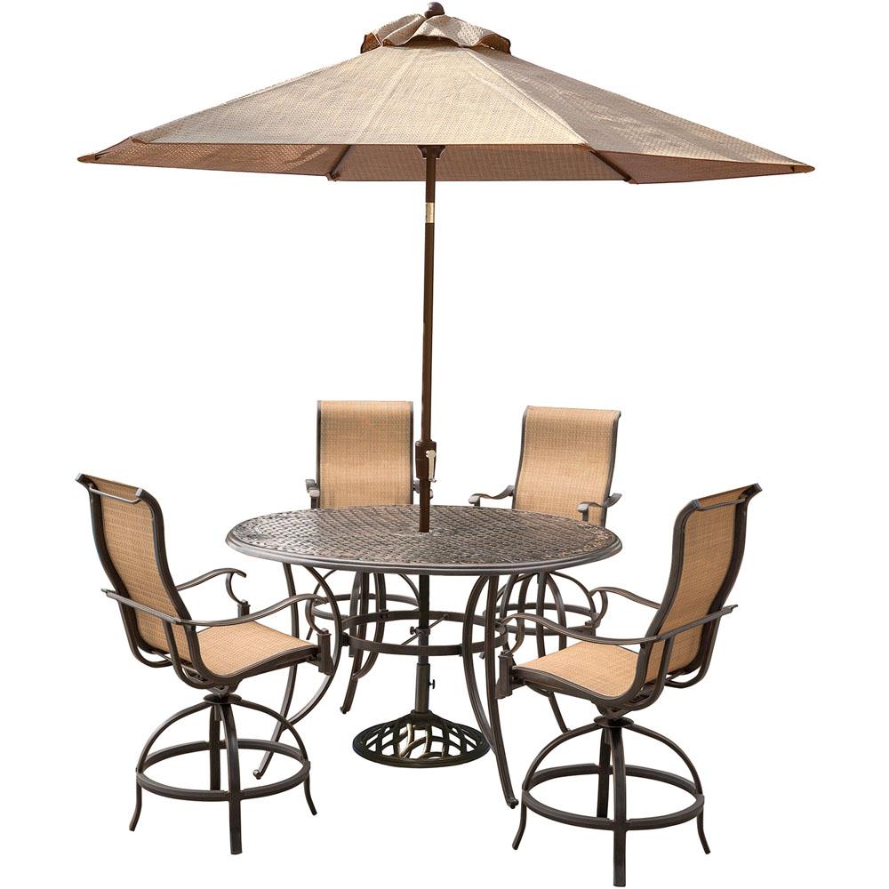 Hanover Manor 5 Piece Aluminum Round Outdoor High Dining Set With Swivels Cast Top Table Umbrella And Stand