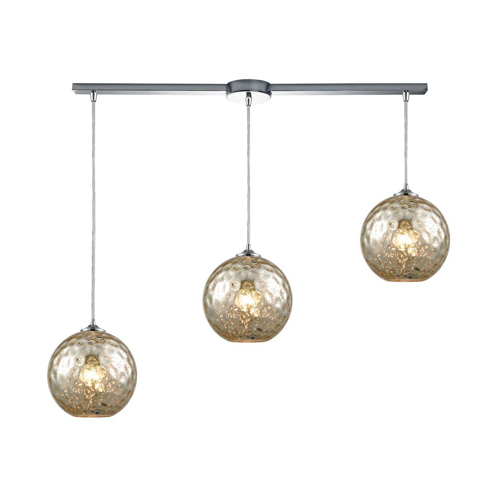 Titan Lighting Watersphere 3 Light Linear Bar In Polished Chrome Watersphere 3 Light Linear Bar In Polished Chrome With Mercury Hammered Glass Pendant