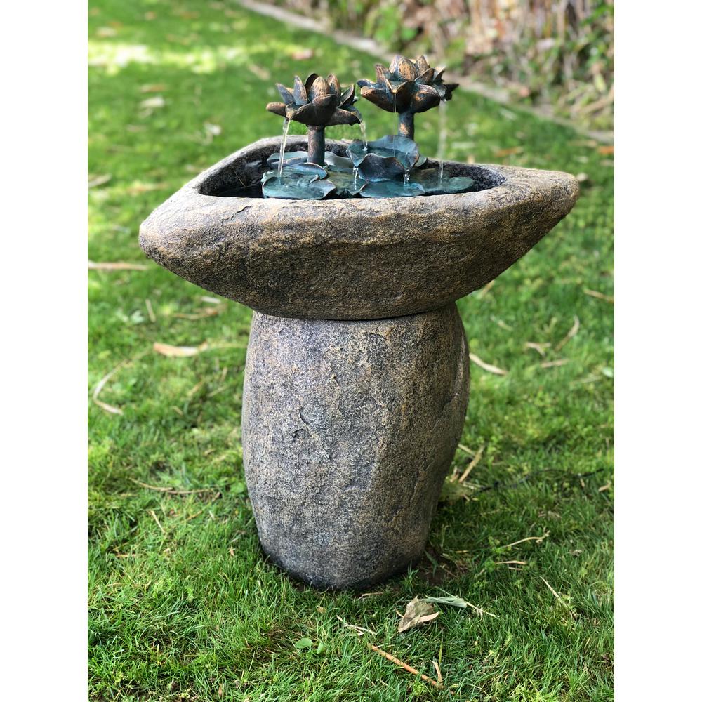 Alpine Corporation Outdoor Pedestal Waterfall Lotus Rock Fountain With Led Lights