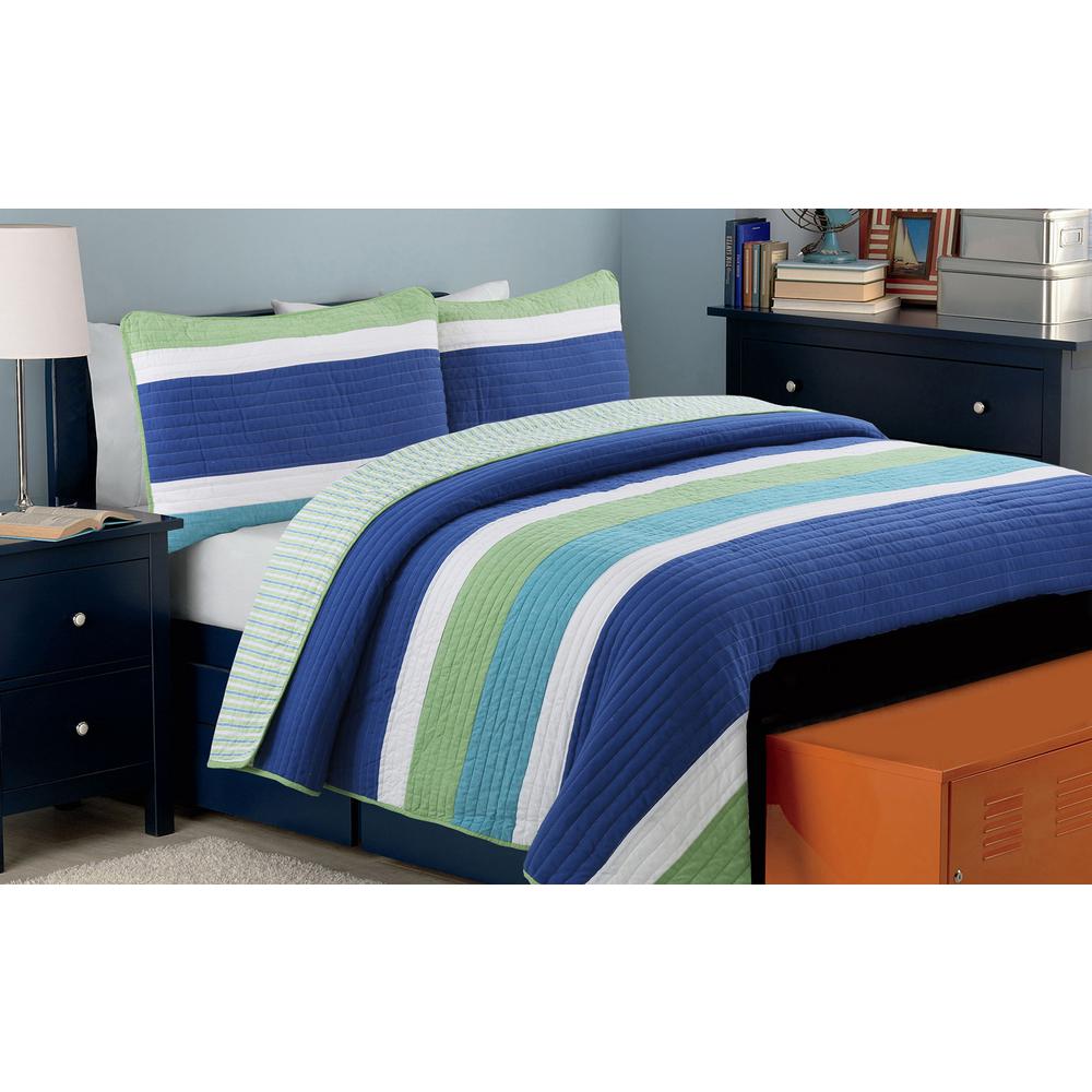 Cozy Line Home Fashions Nautical Color Stripped 2 Piece Navy Blue Turquoise Green White Cotton Twin Quilt Bedding Set Bb2019 001t The Home Depot