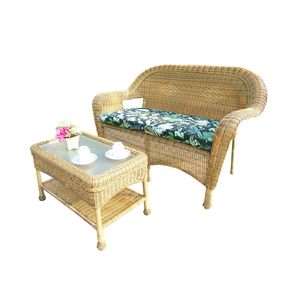 Natural 2 Piece Wicker Patio Conversation Set With Black Fl Cushions