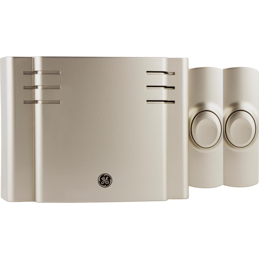 GE Satin Nickel, Wireless Door Bell Kit, 8 Melodies, 1 Receiver, 2 Push