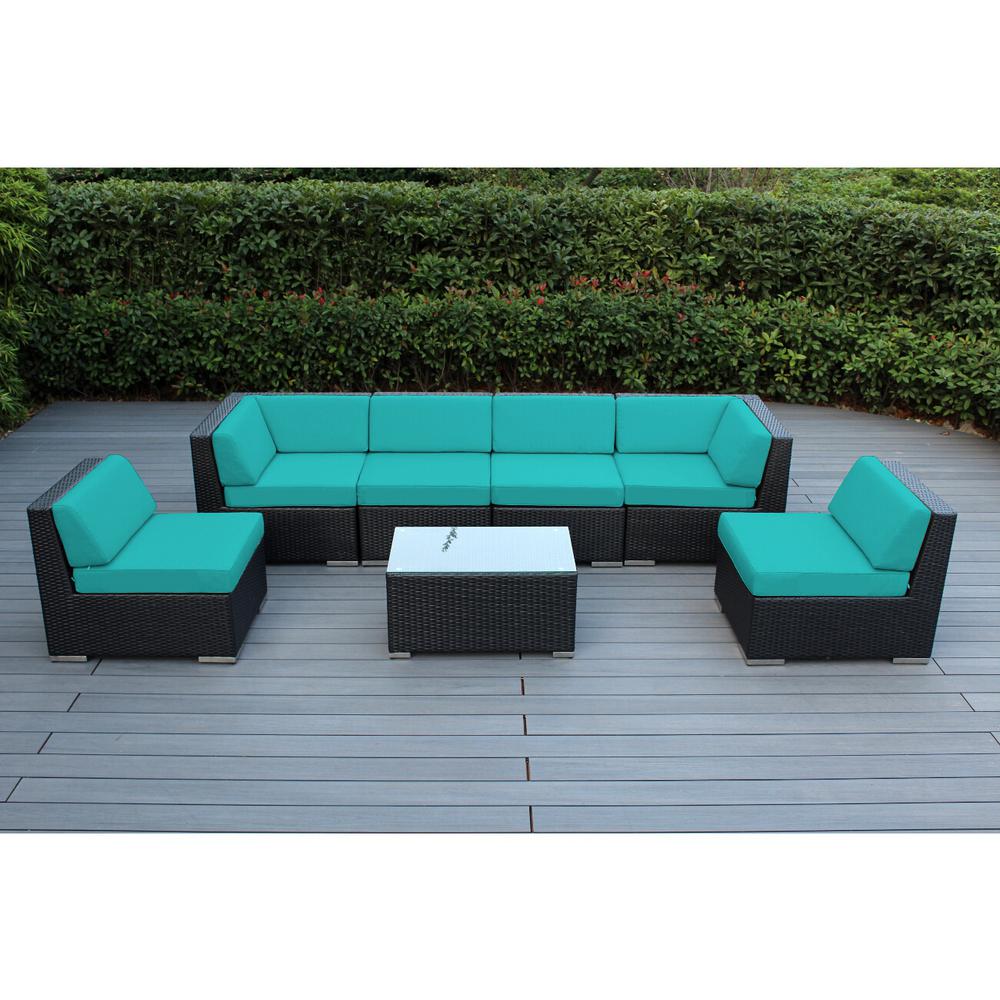 Patio Conversation Sets Outdoor Lounge Furniture The Home Depot Ohana Black 7 Piece Wicker Patio Seating Set With Spuncrylic Turquoise Cushions