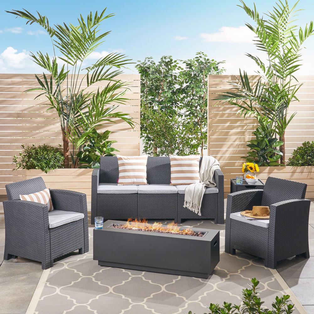 Noble House Rensing 5 Piece Faux Wicker Patio Fire Pit