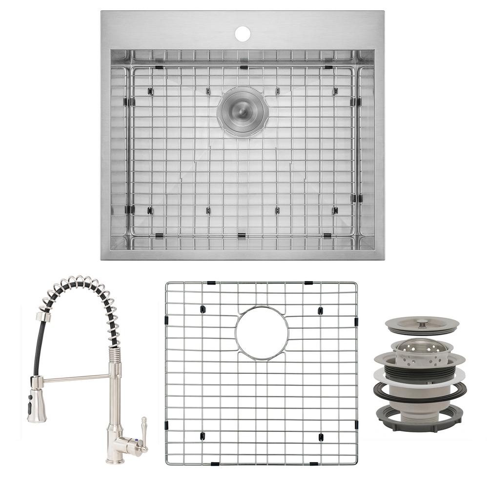 AKDY Handmade All-in-One Drop-in Stainless Steel 25 in. x 22 in. with Faucet and Sink Grid 1-hole Single Bowl Kitchen Sink, Brushed Stainless Steel was $468.0 now $289.99 (38.0% off)