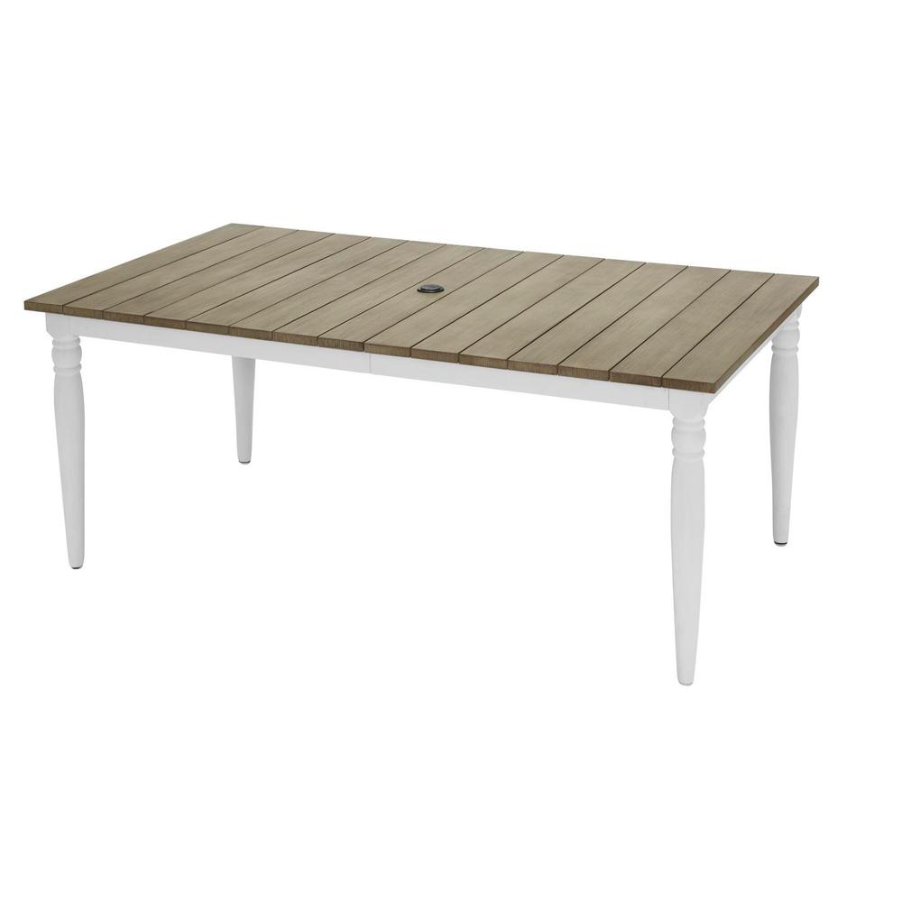 Hampton Bay Jasper Ridge Farmhouse White Frame Rectangular Metal Outdoor Patio Dining Table With Wood Grain Tabletop 3001 Dt3w Kd The Home Depot