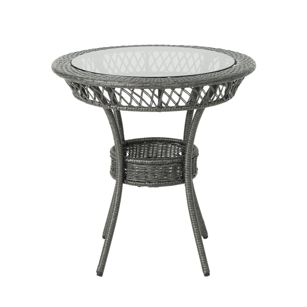 Noble House Figi Gray Round Wicker Outdoor Dining Table with Glass Top-304454 - The Home Depot