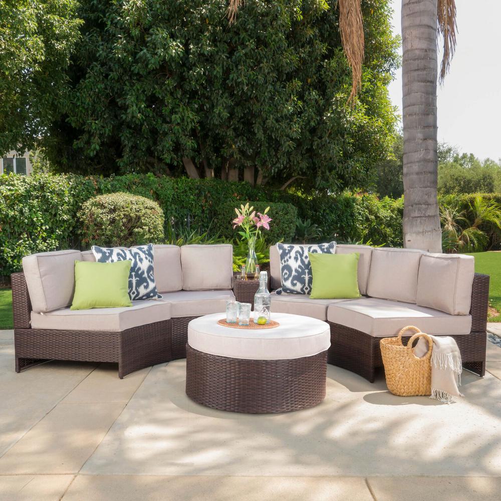 Le House Brown 6 Piece Wicker Outdoor Sectional And Ottoman Set Le House Brown 6 Piece Wicker Outdoor Sectional And Ottoman Set With Textured Beige Cushions