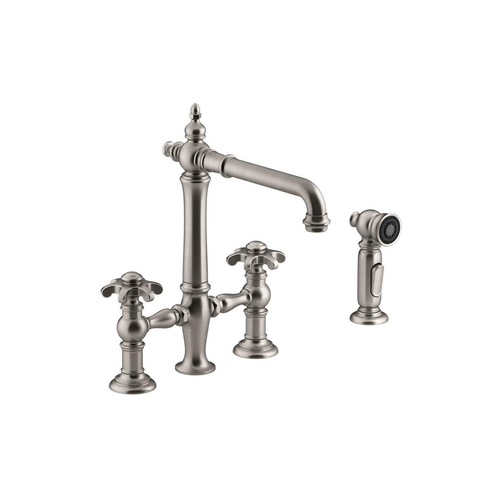 KOHLER Artifacts 2 Handle Bridge Kitchen Faucet With Prong Handles And   Vibrant Polished Nickel Kohler Bridge Faucets 76519 3m Vs 64 300 