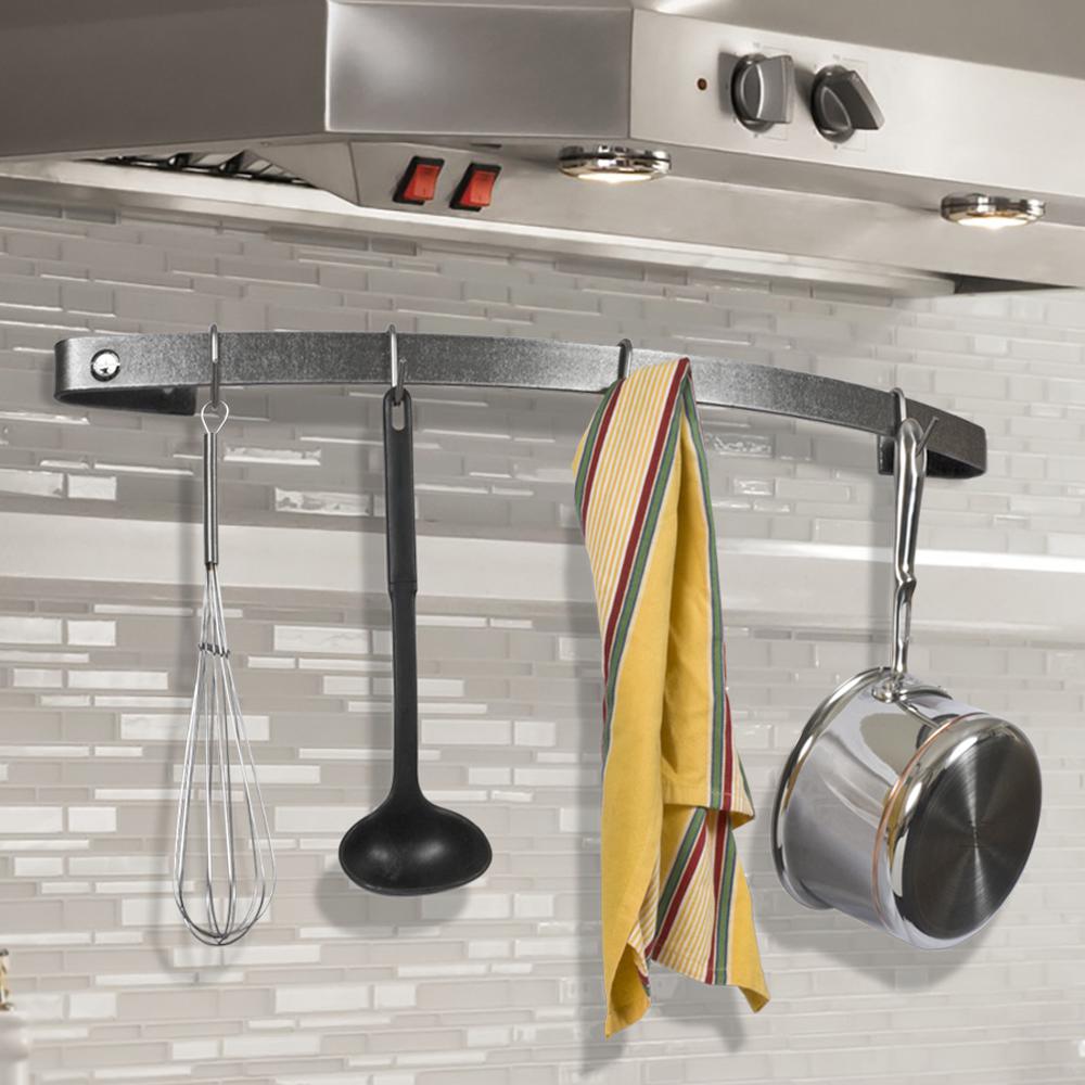 Handcrafted 24 In Curved Wall Rack Utensil Bar With 6 Hooks Hammered Steel