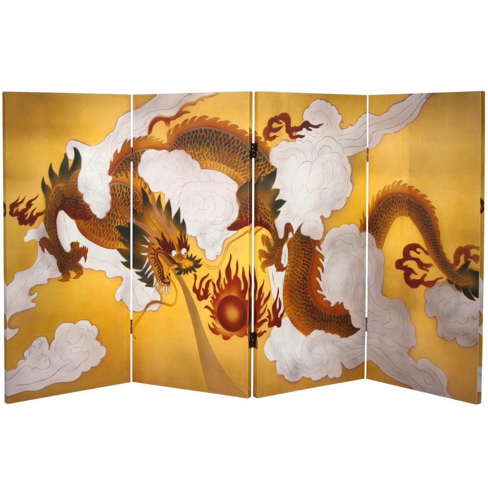 Oriental Furniture 3 Ft Tall Double Sided "Dragon in the Sky" Canvas Room Divider, 4 panel, printed on canvas, wood, traditional