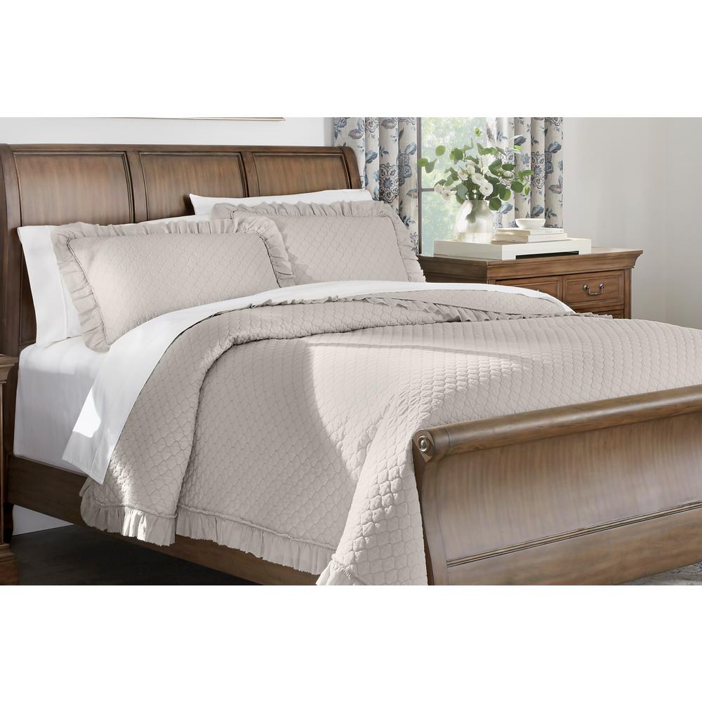Home Decorators Collection Evalee Cotton Ruffled 3-Piece Biscuit Solid Full/Queen Quilt Set